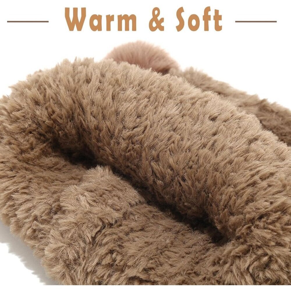 Women's Khaki Furry Beanie with Pom Pom Winter Warm Knitted Hat Bear Costume - Picture 4 of 6